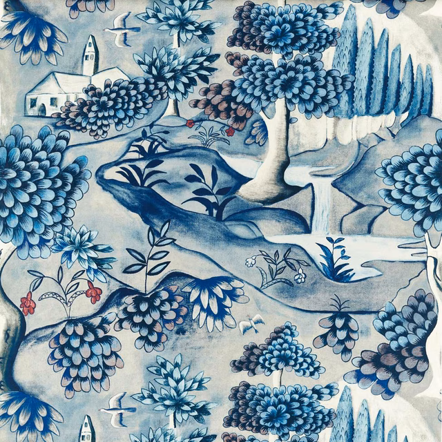 Washed indigo scenic fabric with clustered flowers, trees and pale village buildings