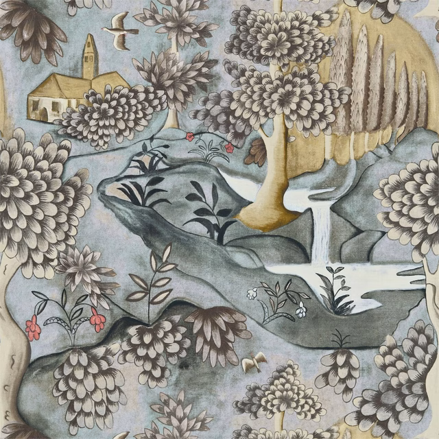 Lead-blue scenic fabric with charcoal flowers, olive trees, birds and a pale country house