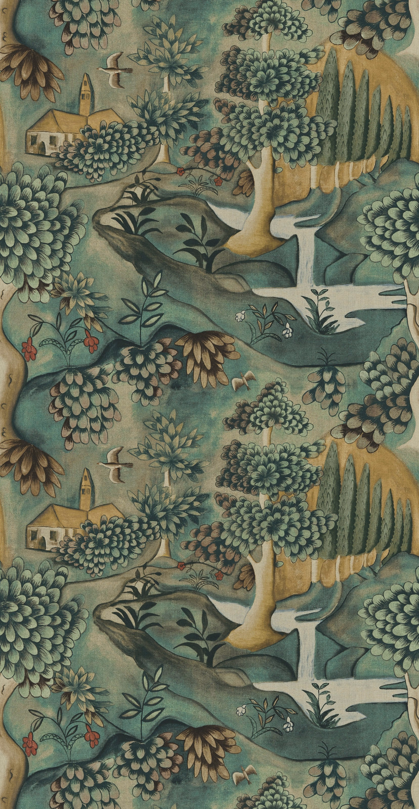 Muted green tapestry showing trees, river, birds and a pastoral cottage scene
