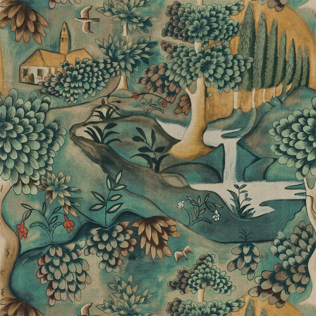 Muted green tapestry showing trees, river, birds and a pastoral cottage scene