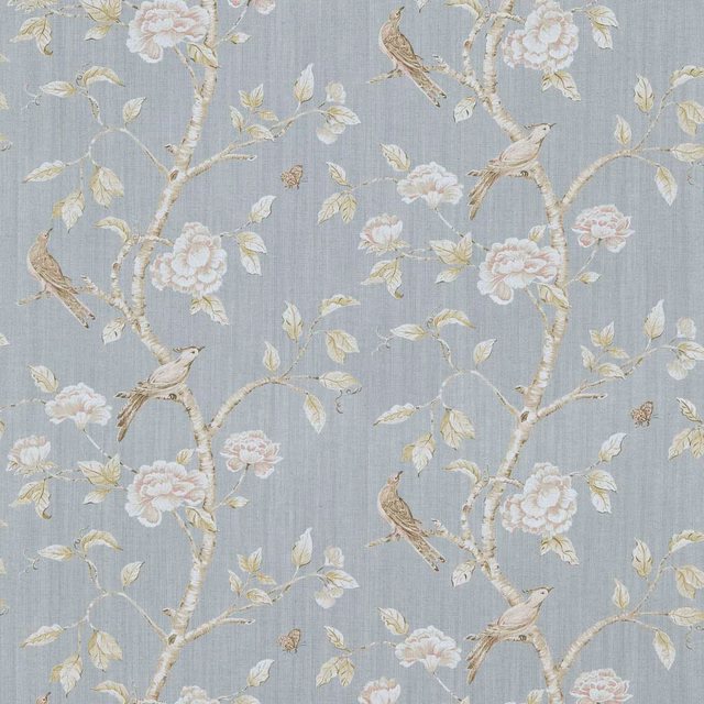 Pale blue-grey floral fabric with ivory blossoms, birds and fine vertical texture