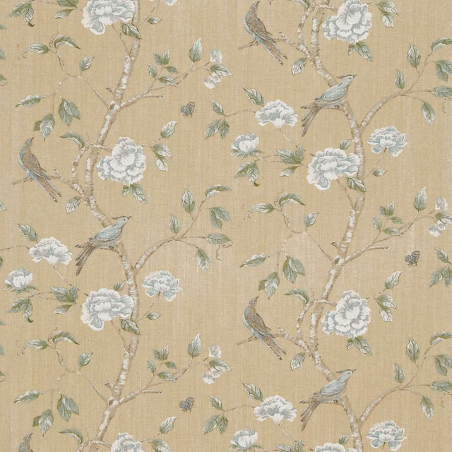 Warm pebble-beige fabric with pale blossoms, sage leaves, branches and perched birds