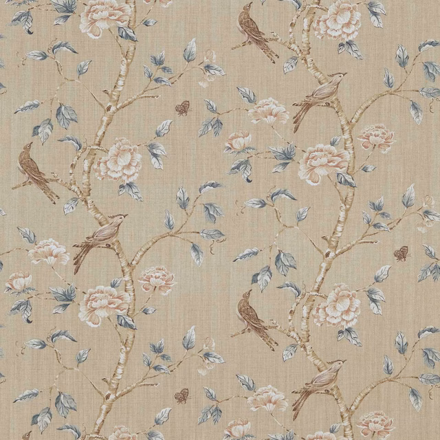 White-clay beige woven fabric with flowering branches, blue leaves and brown birds