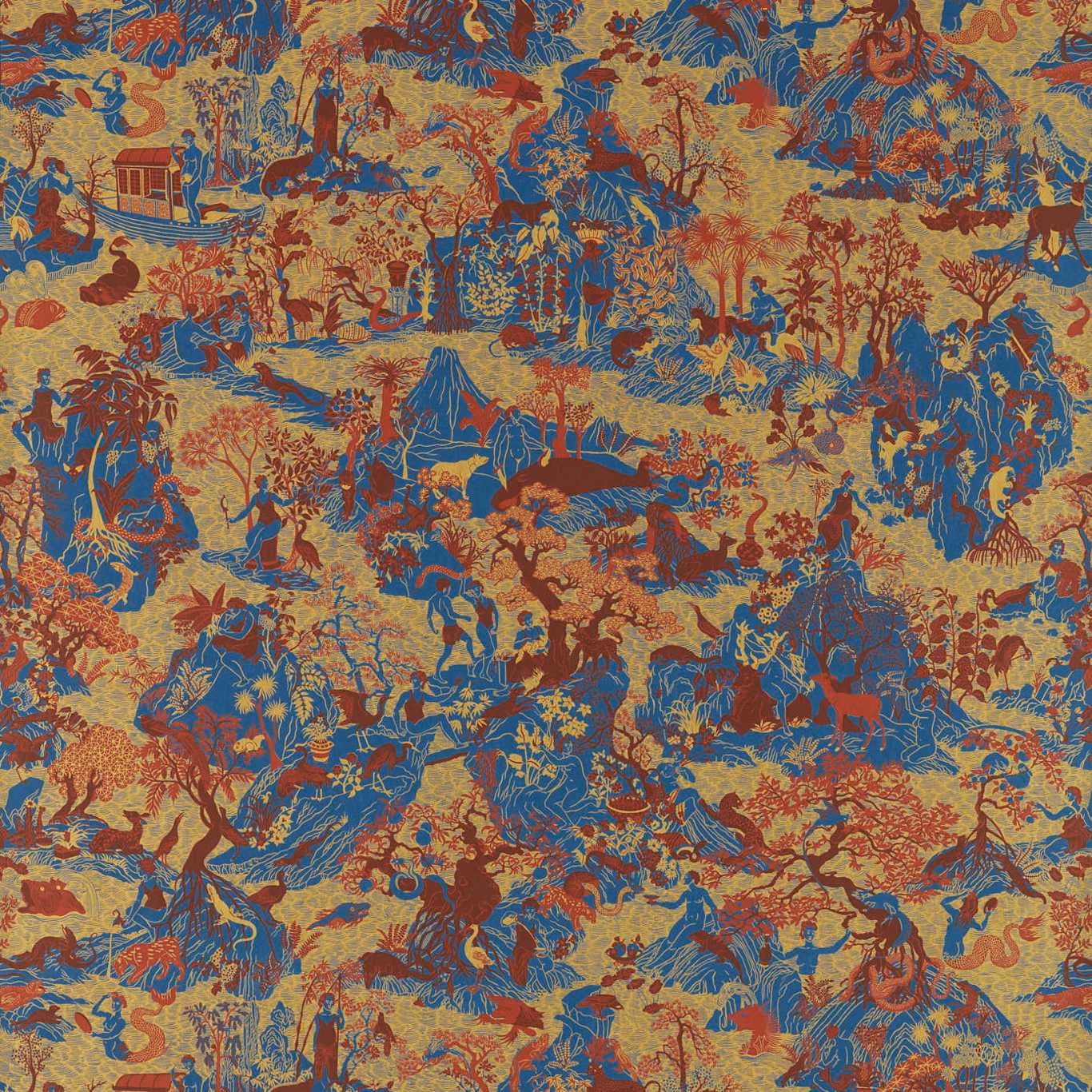 Blue, ochre and red scenic chinoiserie wallpaper with densely drawn figures and foliage