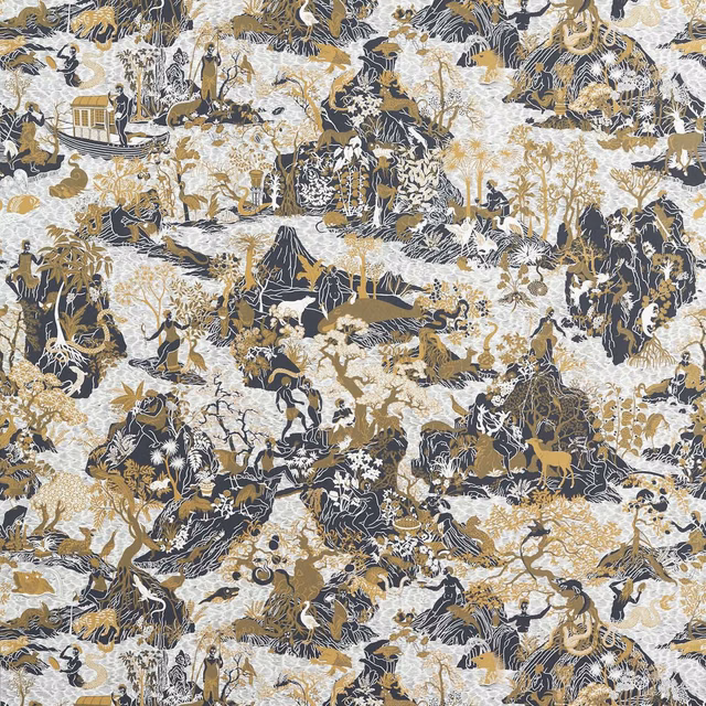 Ivory wallpaper with dense black scenic landscapes, figures, birds and warm gold foliage