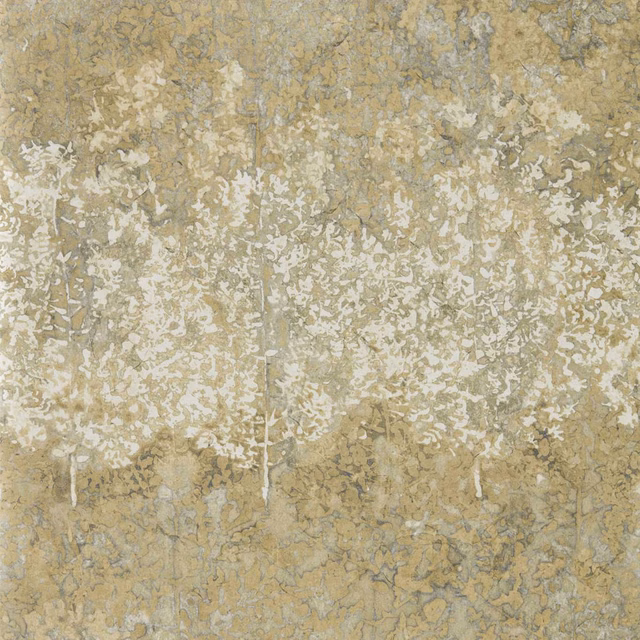 Muted antique-bronze wallpaper with cream foliage-like marks and grey-green veining