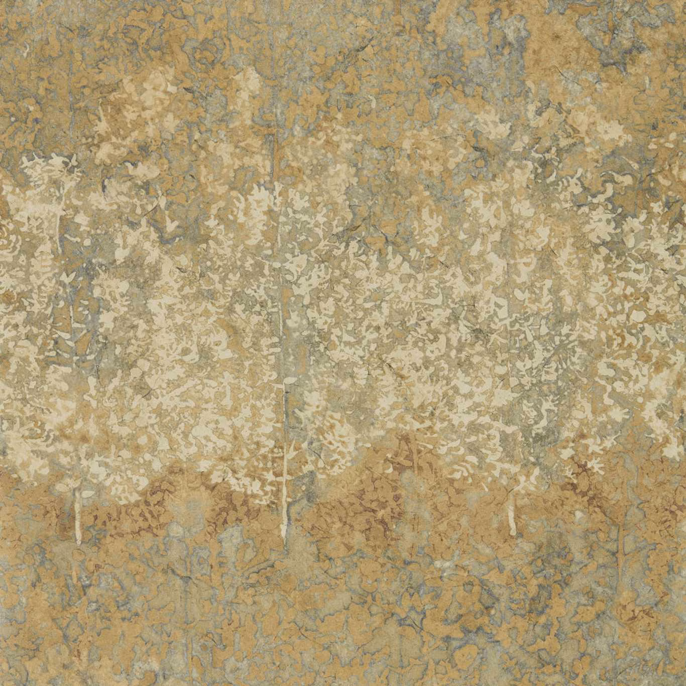 Weathered amber wallpaper with blue-grey botanical tracery and pale distressed foliage