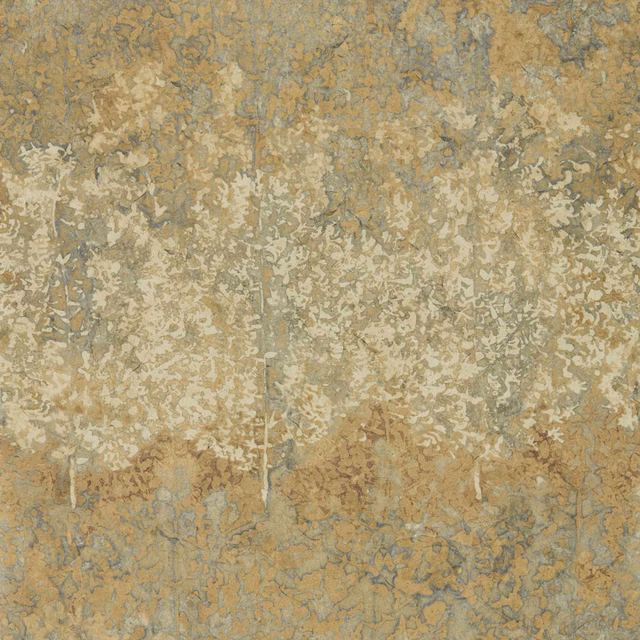 Weathered amber wallpaper with blue-grey botanical tracery and pale distressed foliage