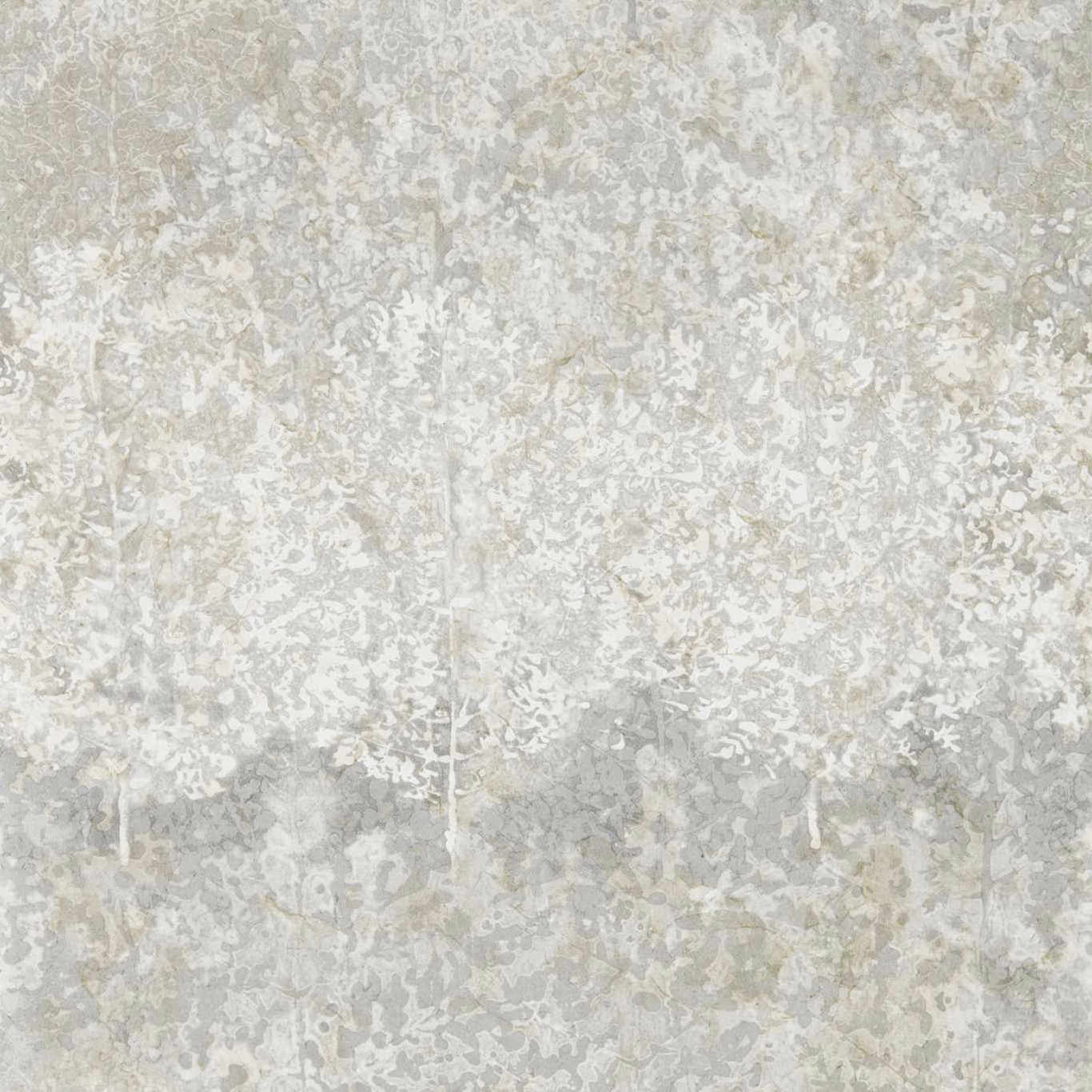 Pale mineral-grey wallpaper with chalky foliage, cloudy washes and distressed vertical texture