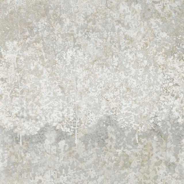 Pale mineral-grey wallpaper with chalky foliage, cloudy washes and distressed vertical texture