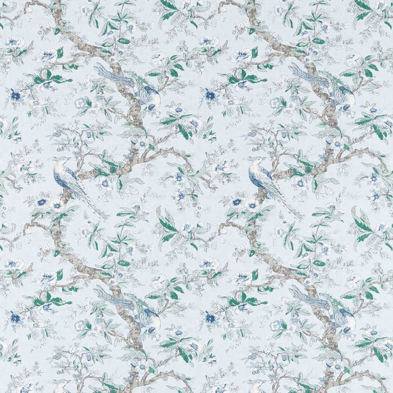 Pale blue stone wallpaper with teal birds, leafy branches and delicate blossom