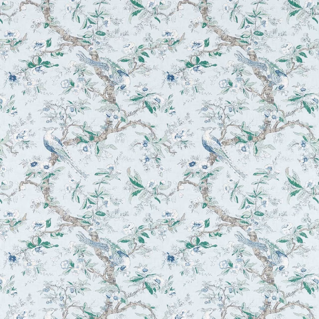 Pale blue stone wallpaper with teal birds, leafy branches and delicate blossom