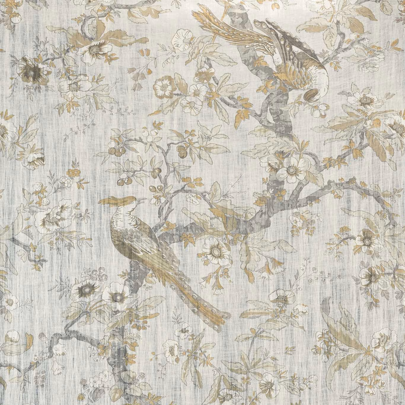 Pale quartz-grey wallpaper with birds, flowers, branches and fine vertical striations