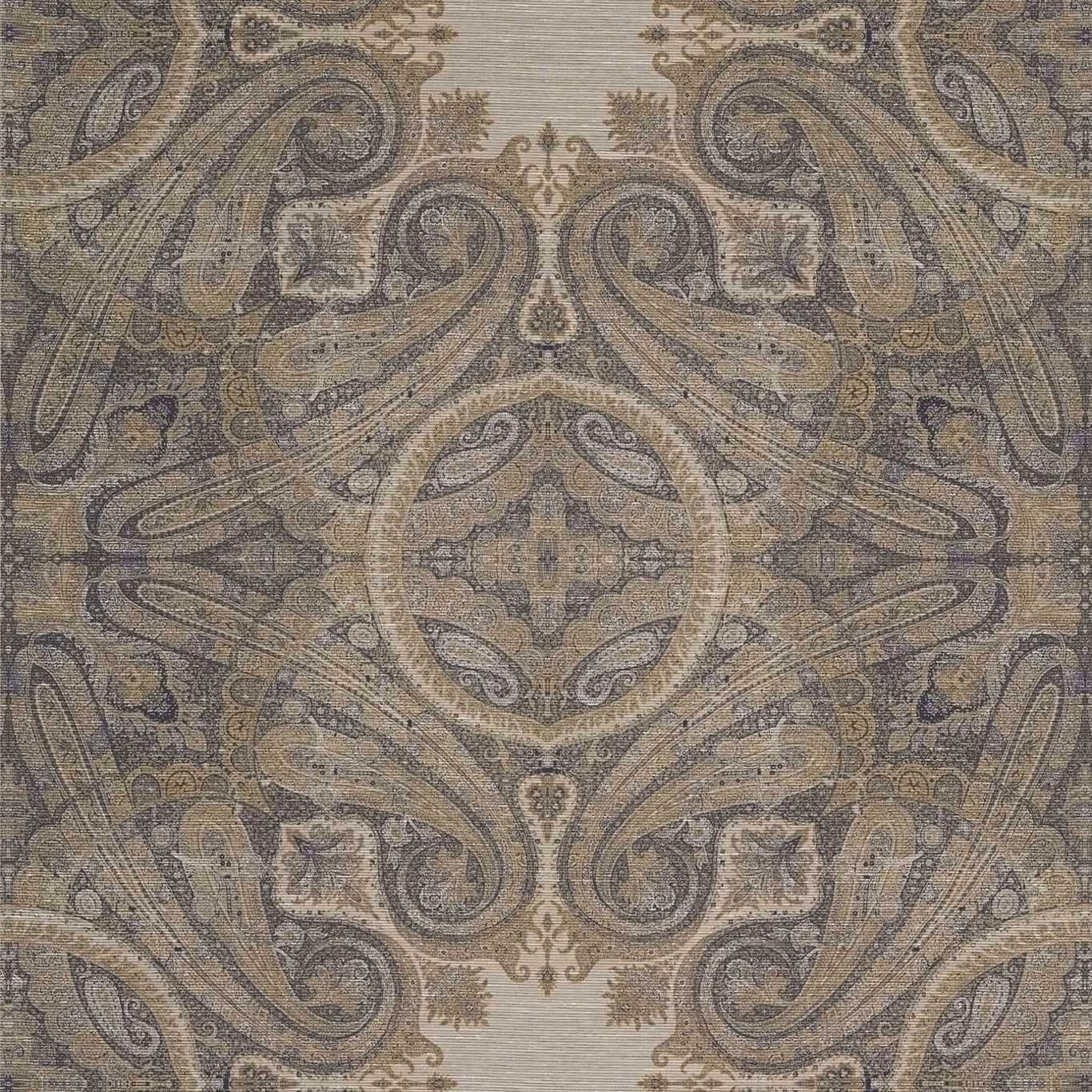 Muted blue umber paisley wallpaper with symmetrical scrolling motifs and central medallion