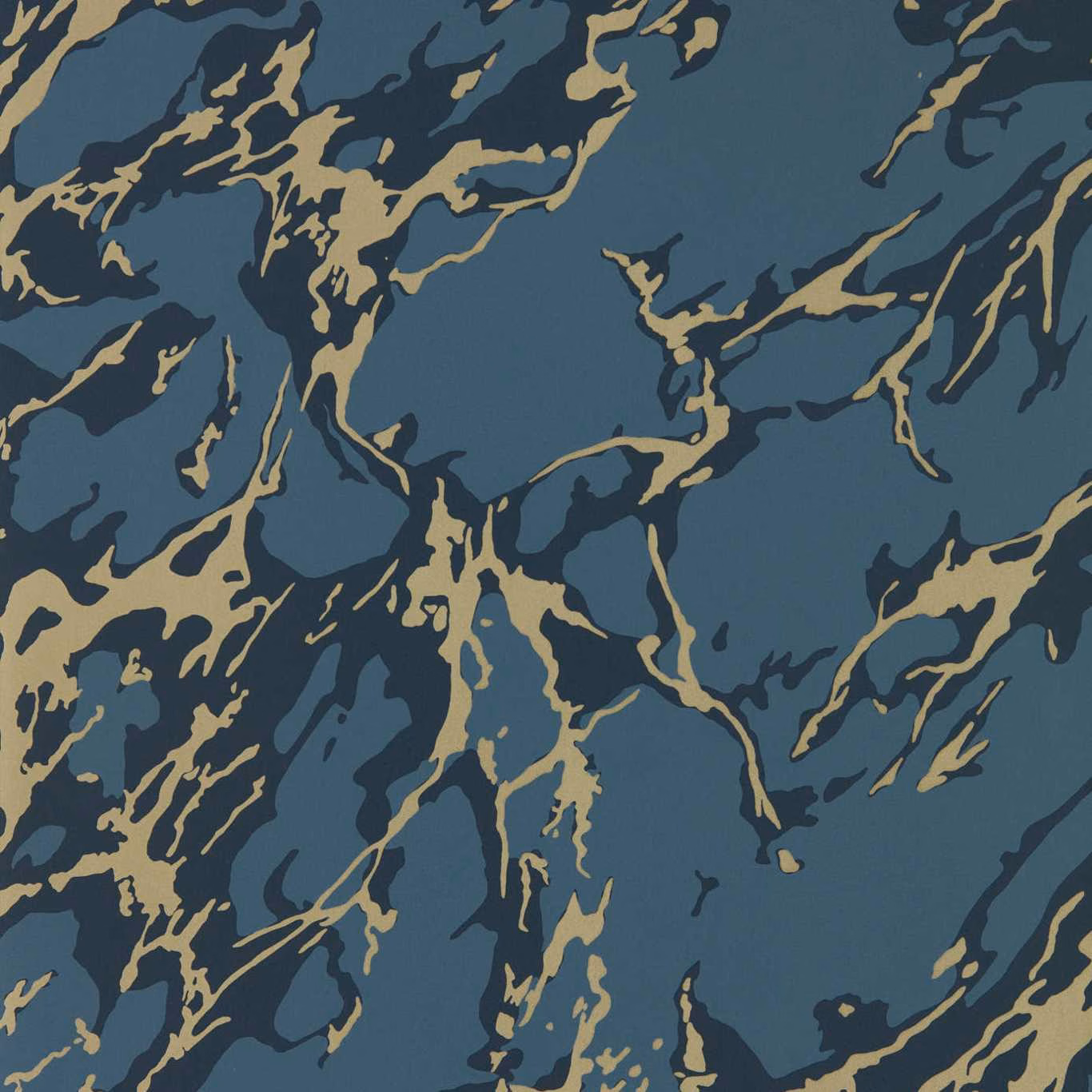 Slate blue wallpaper with branching ochre and deep navy marble veining