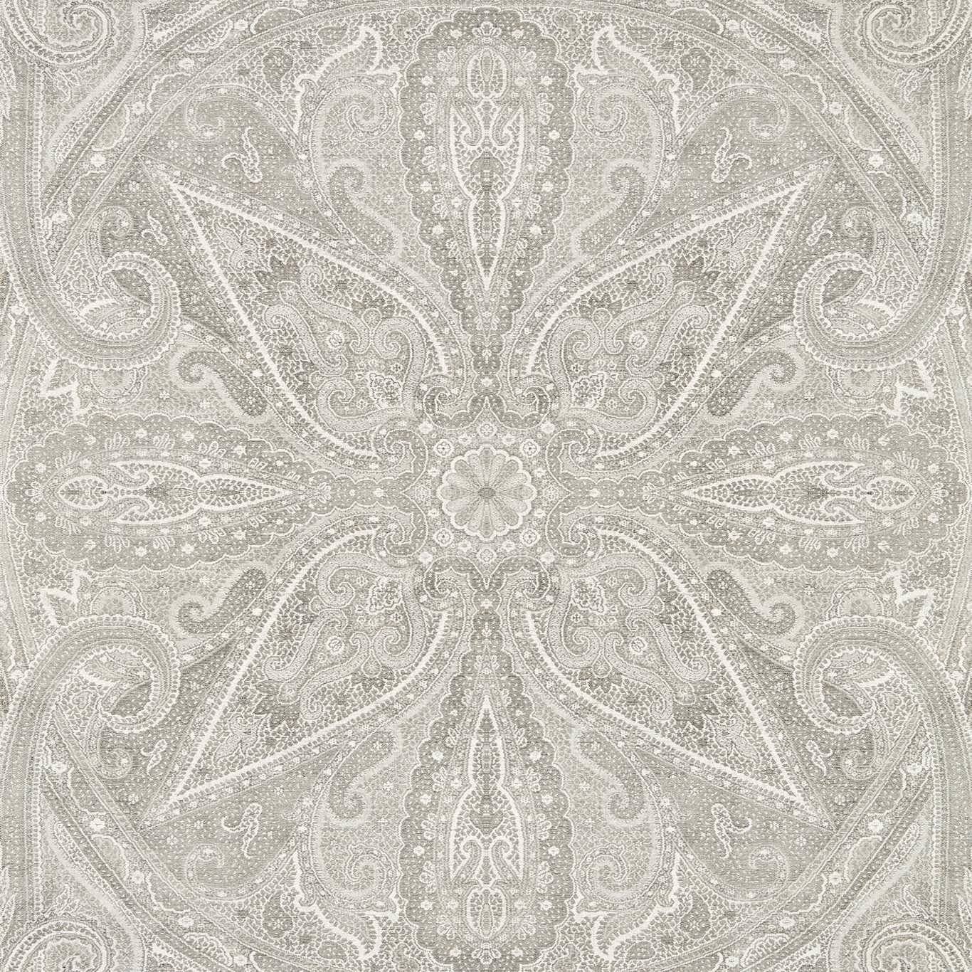 Cool silver-grey wallpaper with a symmetrical paisley medallion and fine pale detailing