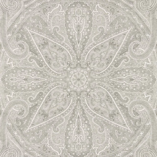 Cool silver-grey wallpaper with a symmetrical paisley medallion and fine pale detailing