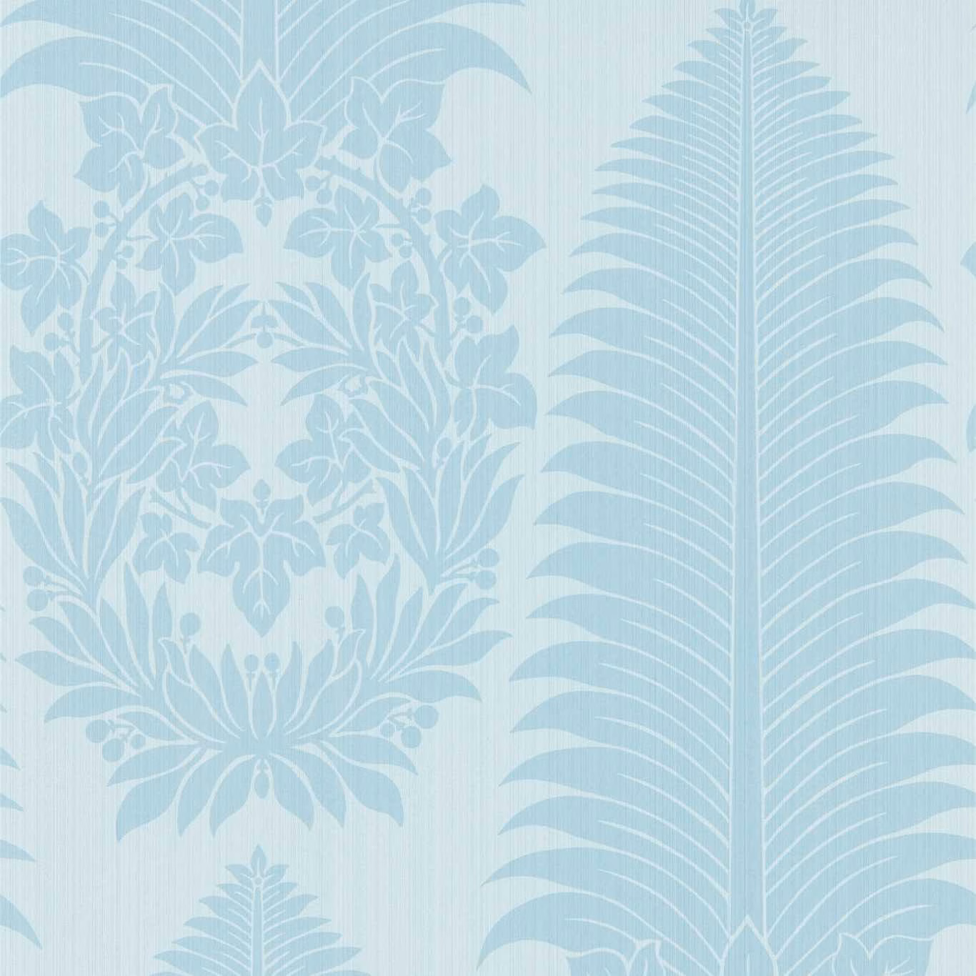 Pale blue wallpaper with large palm fronds and a muted floral damask panel