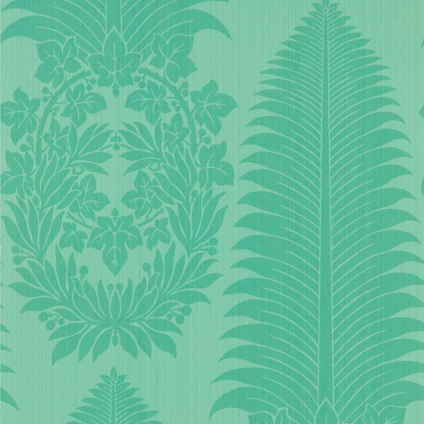 Pale turquoise wallpaper with darker palm fronds and ornate damask foliage