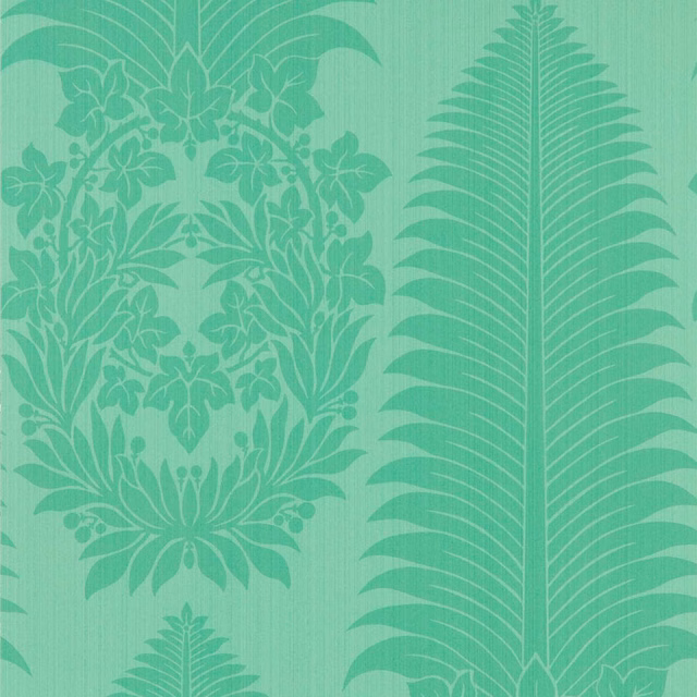 Pale turquoise wallpaper with darker palm fronds and ornate damask foliage