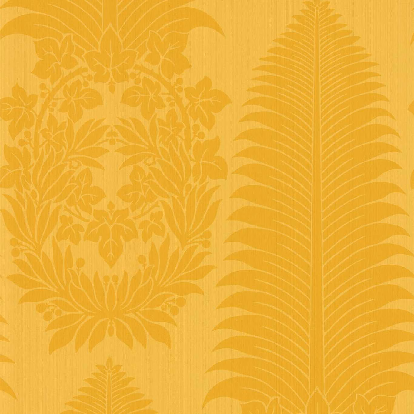 Golden ochre wallpaper with tonal palm fronds, damask florals and fine vertical striations