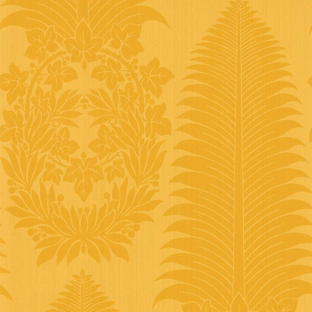 Golden ochre wallpaper with tonal palm fronds, damask florals and fine vertical striations