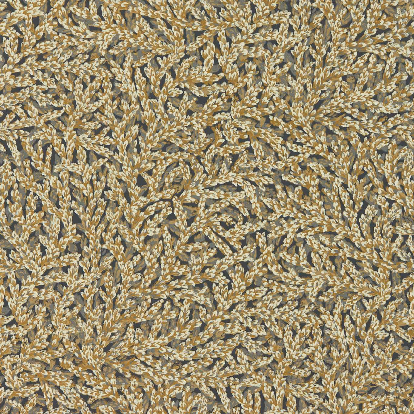 Muted antique-gold leafy sprigs on a dense charcoal-taupe botanical ground