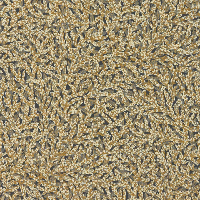 Muted antique-gold leafy sprigs on a dense charcoal-taupe botanical ground