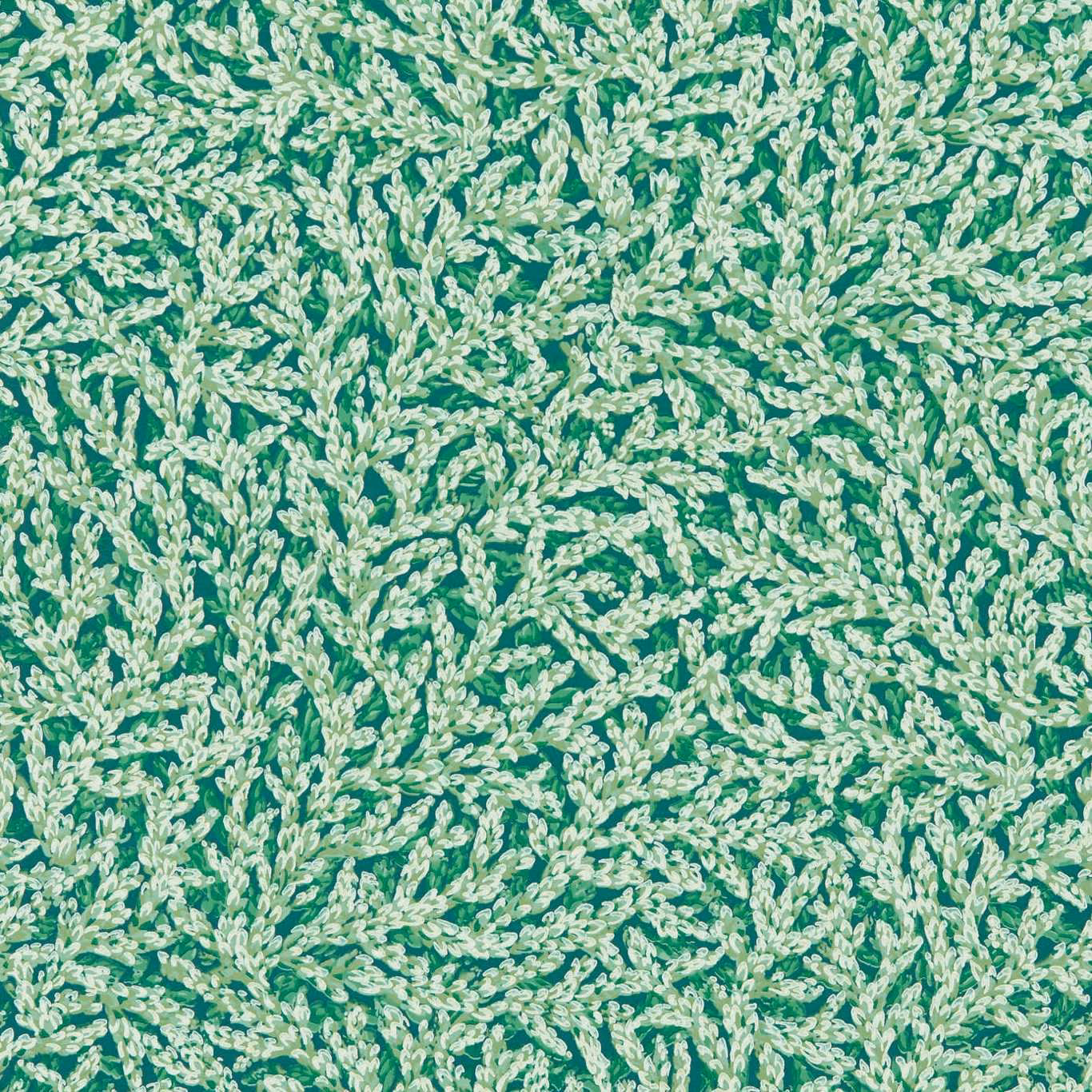 Vivid teal-green wallpaper with dense cream leafy botanical sprigs in an all-over pattern