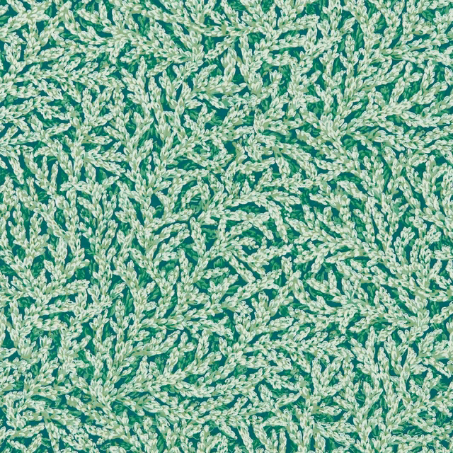 Vivid teal-green wallpaper with dense cream leafy botanical sprigs in an all-over pattern