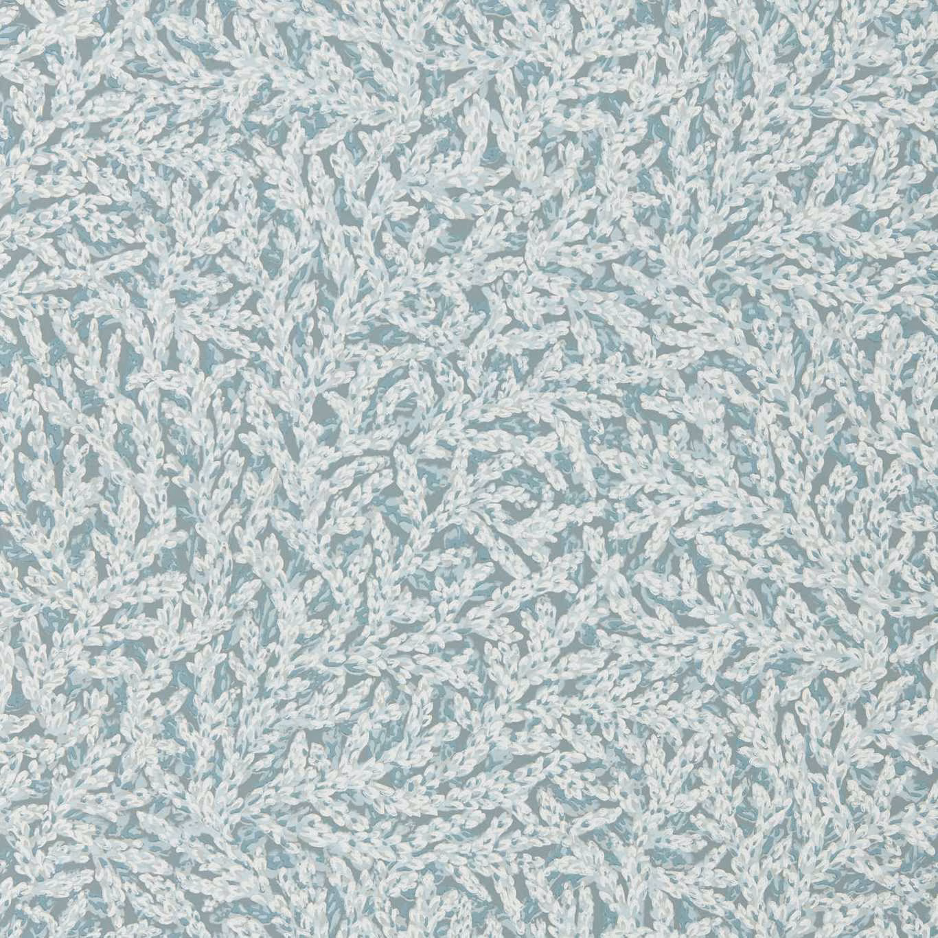 Pale blue-grey wallpaper with dense white leafy botanical trails and soft printed texture