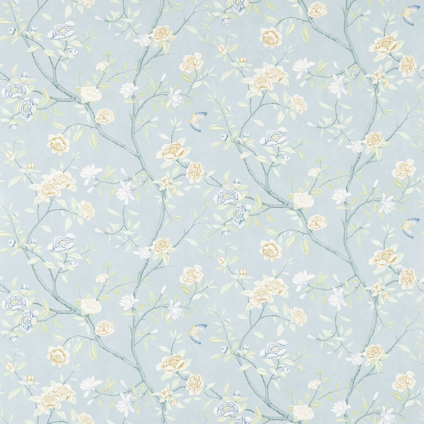 Pale blue wallpaper with ivory flowers, blue-grey branches and tiny painted birds