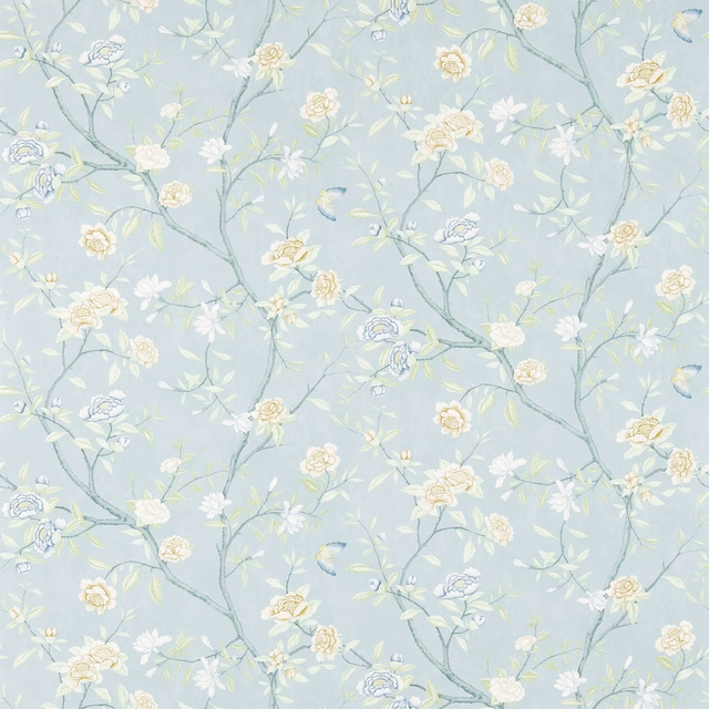 Pale blue wallpaper with ivory flowers, blue-grey branches and tiny painted birds