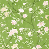 Fresh apple-green wallpaper with branching stems, cream peonies and blush flowers