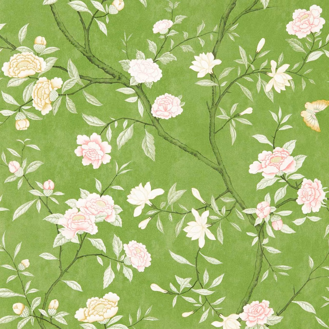 Fresh apple-green wallpaper with branching stems, cream peonies and blush flowers