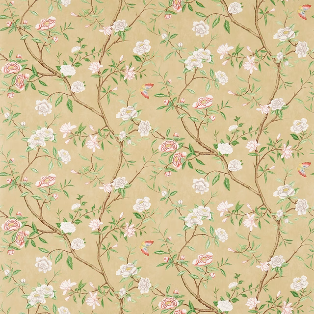 Old-gold wallpaper with flowering branches, green leaves, blush blooms and small birds