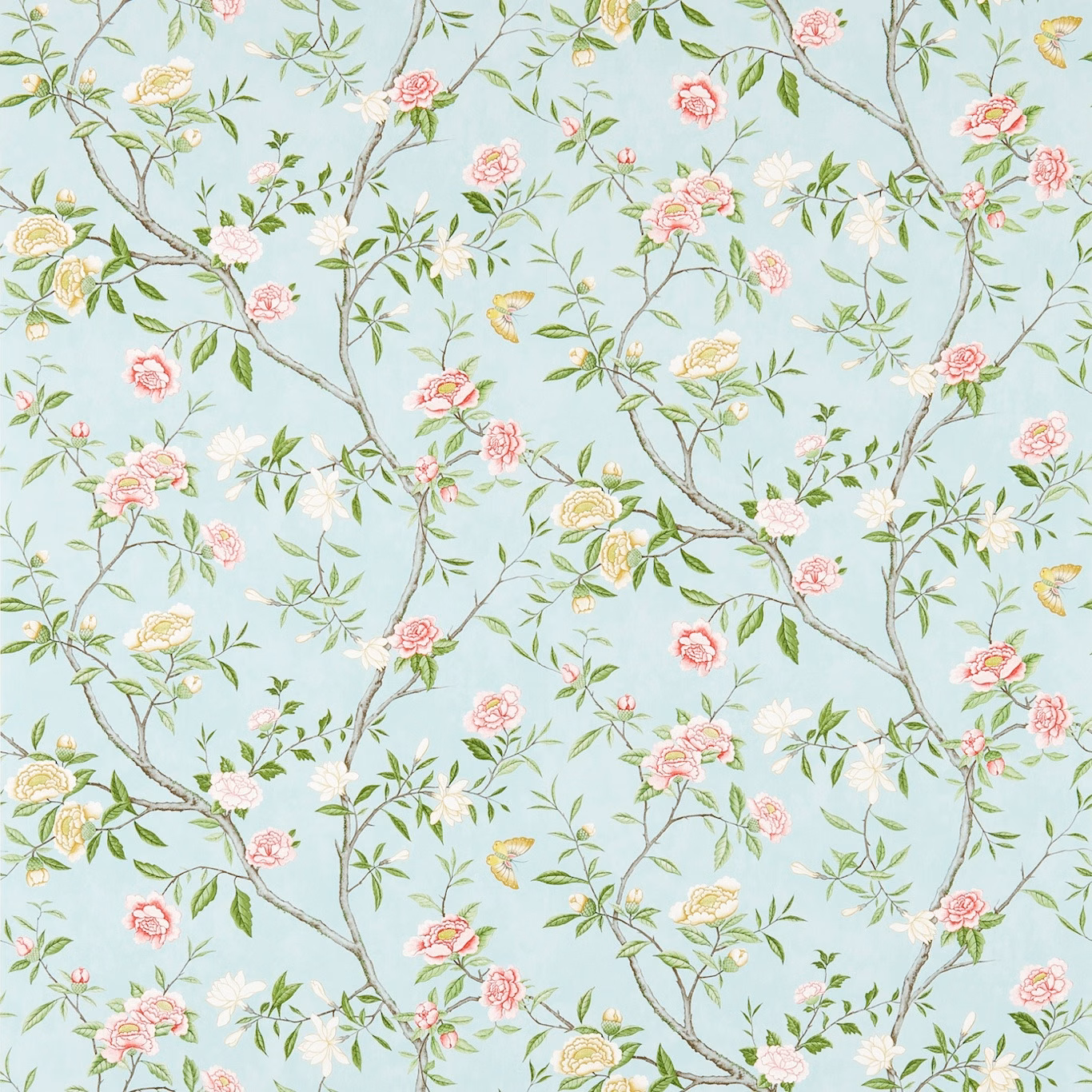 Pale sky blue wallpaper with pink roses, leafy branches and cream flowers