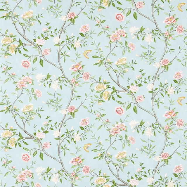 Pale sky blue wallpaper with pink roses, leafy branches and cream flowers