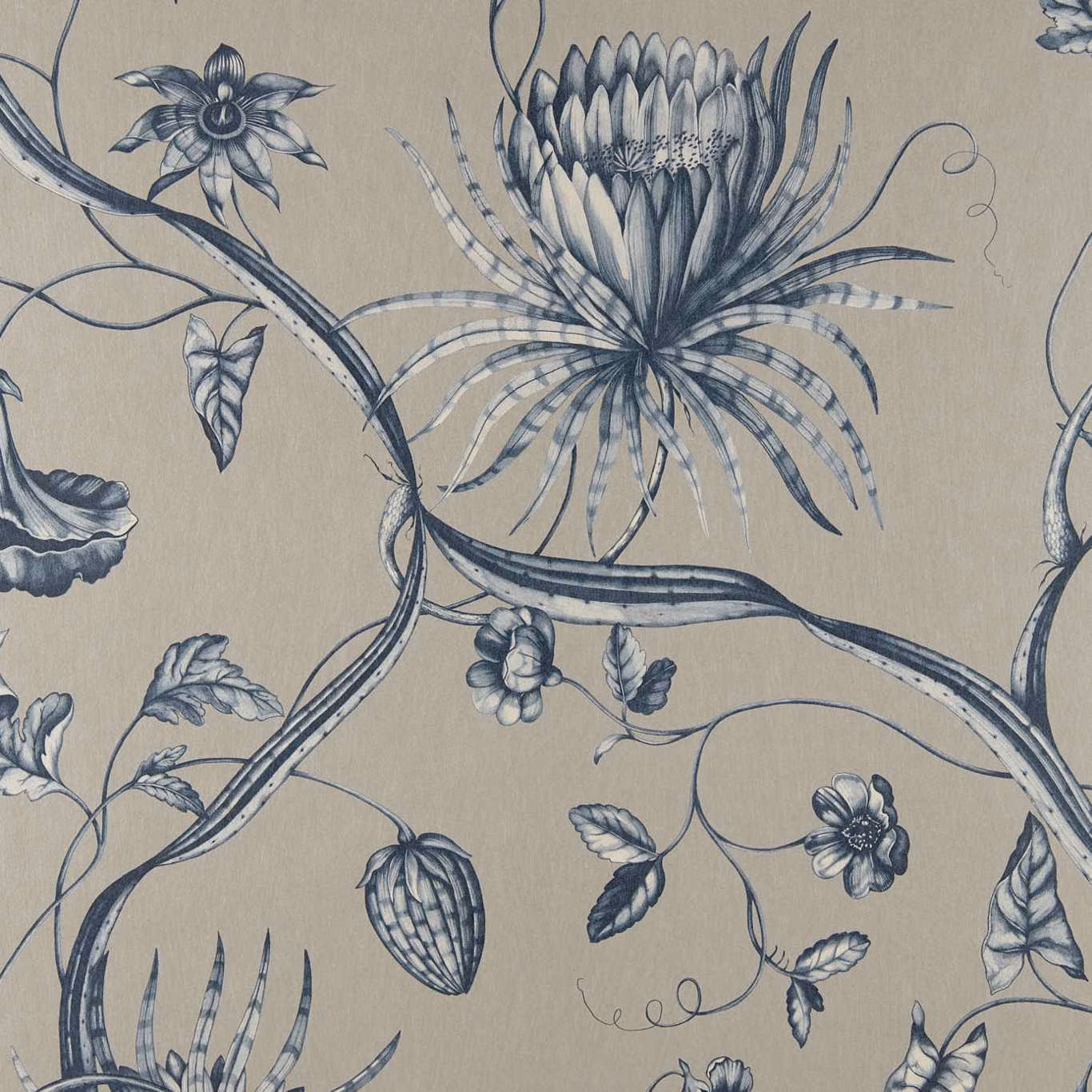 Prussian blue botanical flowers and curling stems on a taupe wallpaper ground