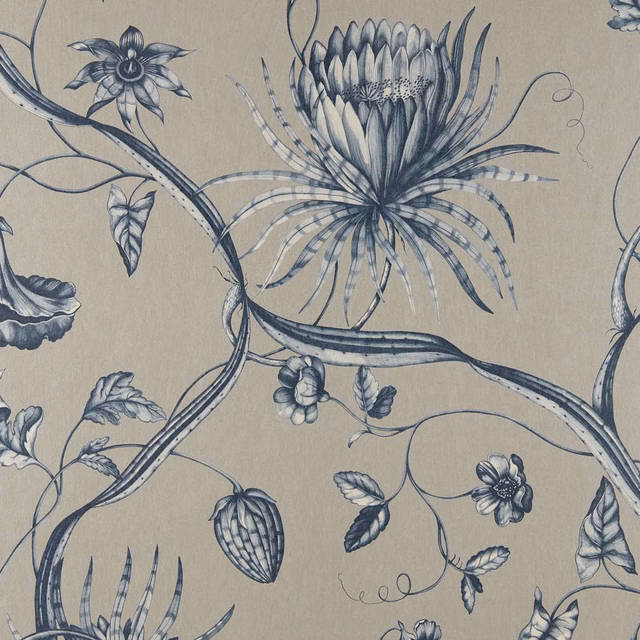 Prussian blue botanical flowers and curling stems on a taupe wallpaper ground