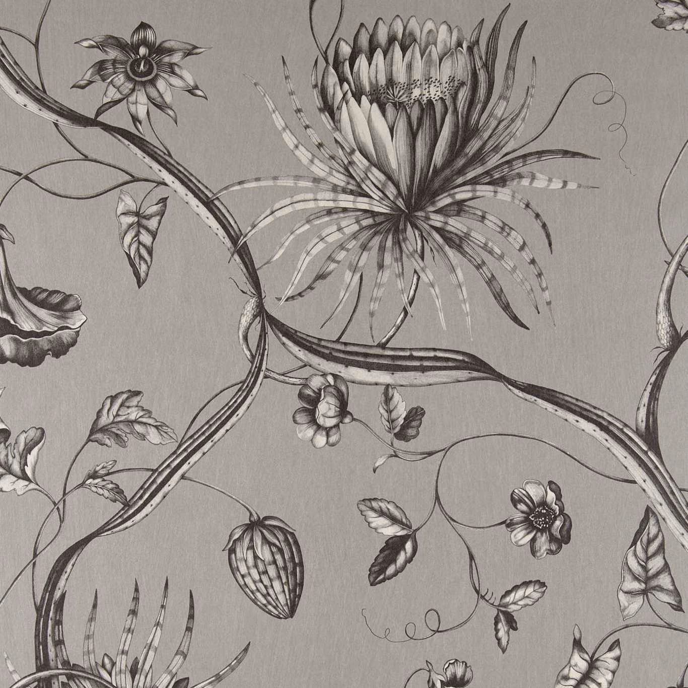 Cool silver-grey wallpaper with charcoal engraved flowers, curling stems and delicate leaves