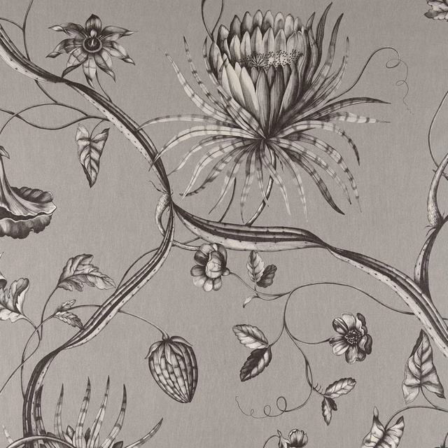 Cool silver-grey wallpaper with charcoal engraved flowers, curling stems and delicate leaves