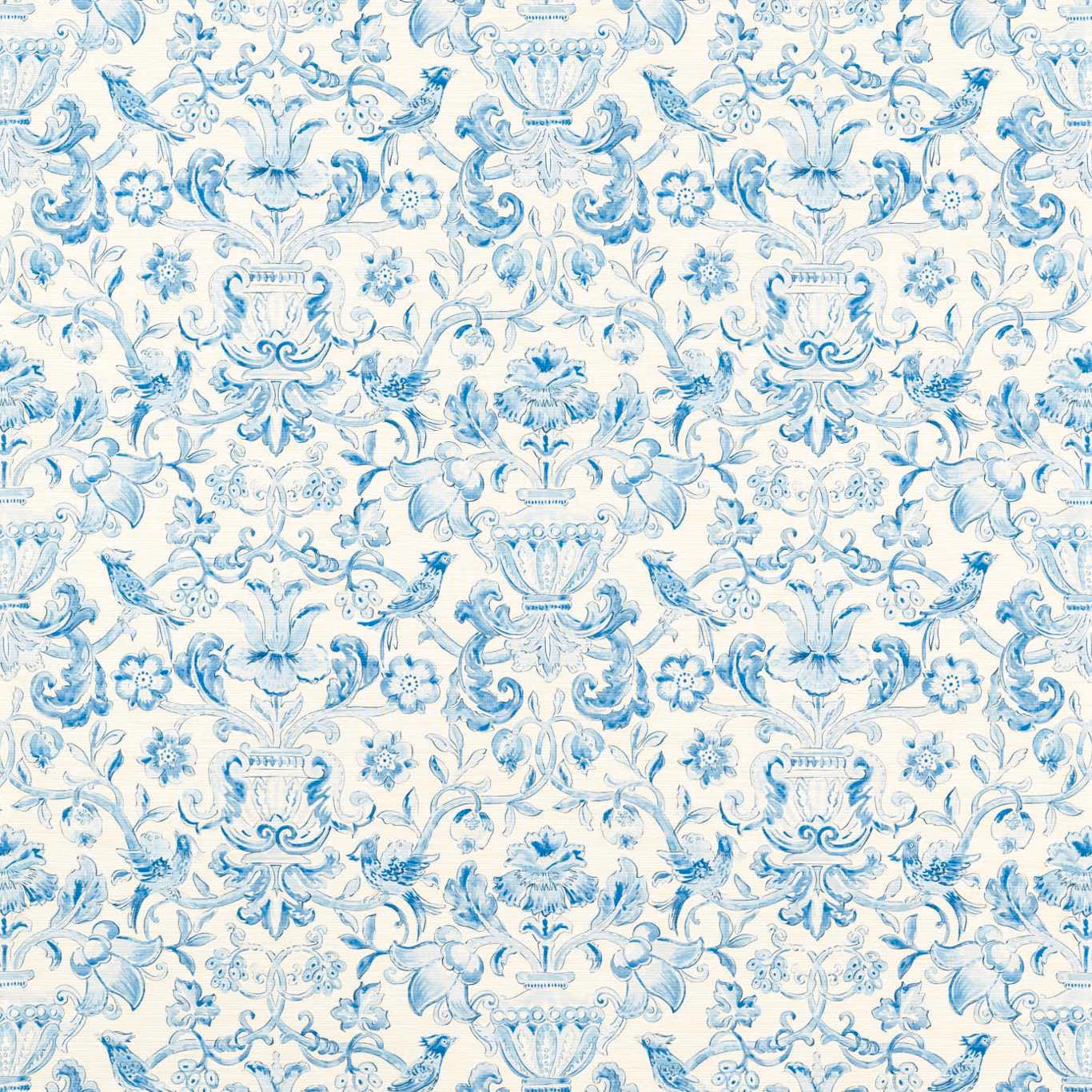 Ivory wallpaper with pale indigo urns, flowers, scrolling foliage and fine botanical linework