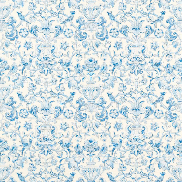 Ivory wallpaper with pale indigo urns, flowers, scrolling foliage and fine botanical linework