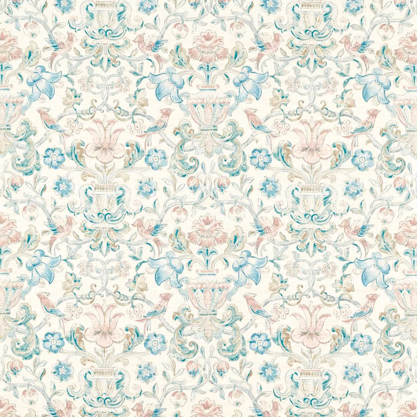 Cream wallpaper with aqua scrollwork, blush flowers and ornate urn motifs