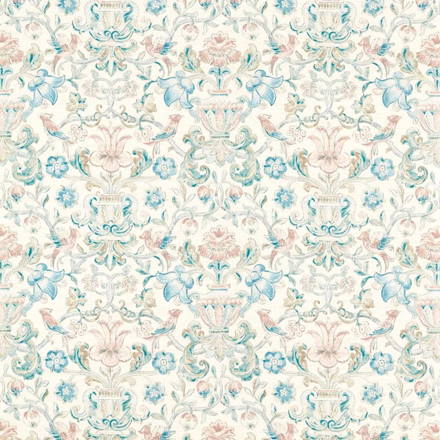 Cream wallpaper with aqua scrollwork, blush flowers and ornate urn motifs
