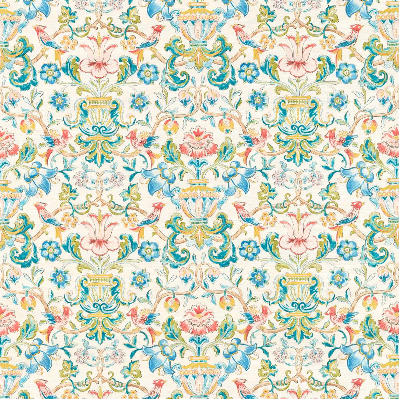 Cream wallpaper with turquoise urns, blue flowers, coral blooms and scrolling green foliage