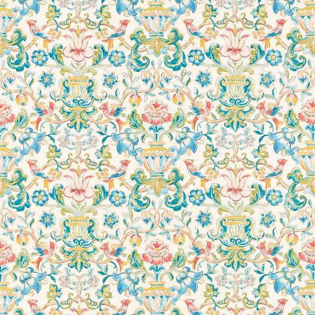 Cream wallpaper with turquoise urns, blue flowers, coral blooms and scrolling green foliage