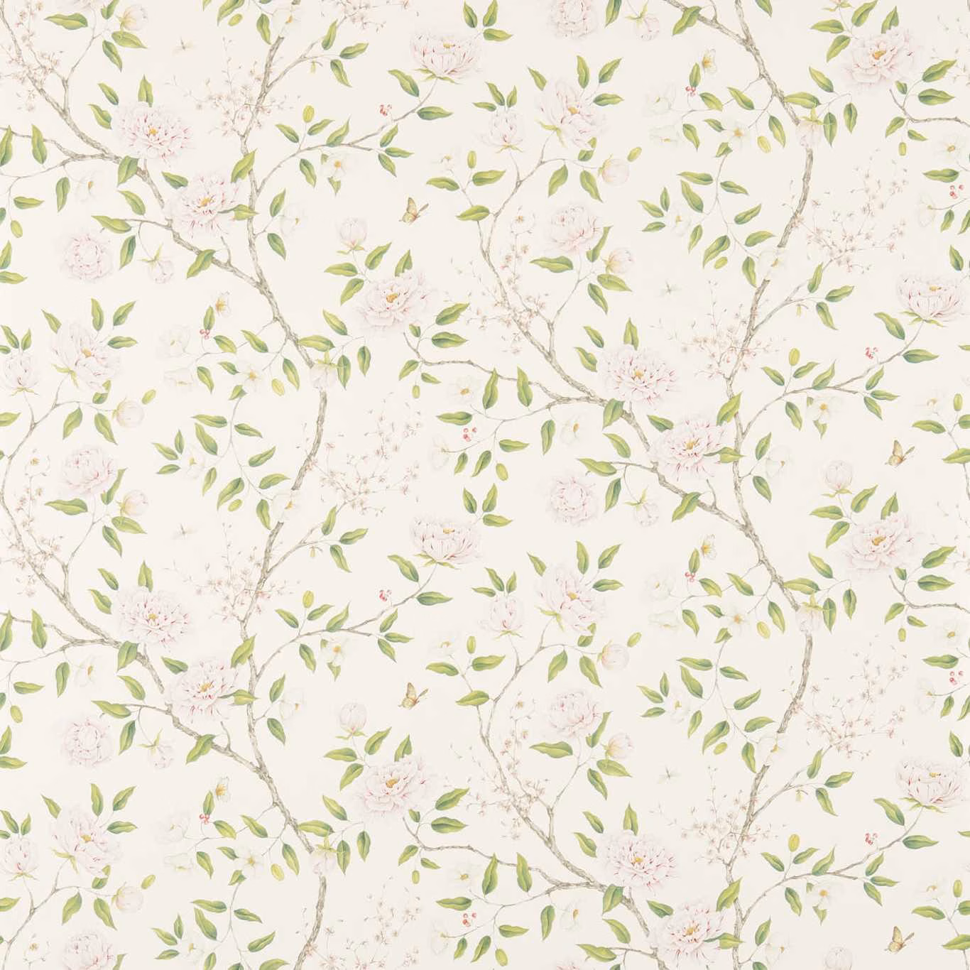 Soft cream wallpaper with pale pink blossoms, green leaves and branching stems