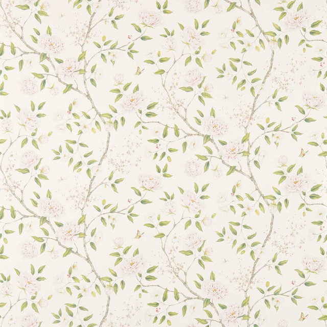 Soft cream wallpaper with pale pink blossoms, green leaves and branching stems